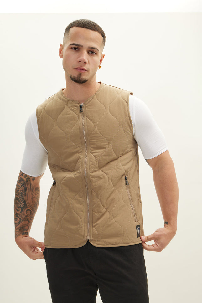 Men's Zipper Up Spring Vest - Stone | Ron Tomson