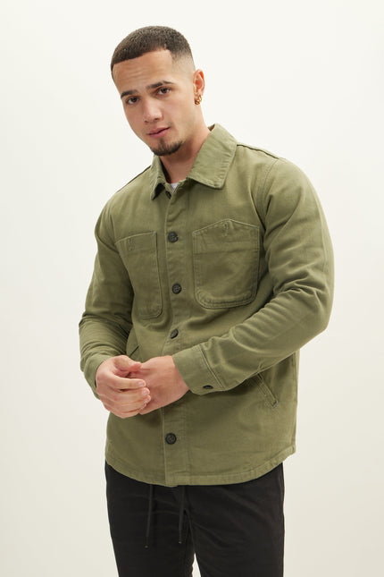 Men's Cotton Shirt Jacket - Olive | Ron Tomson