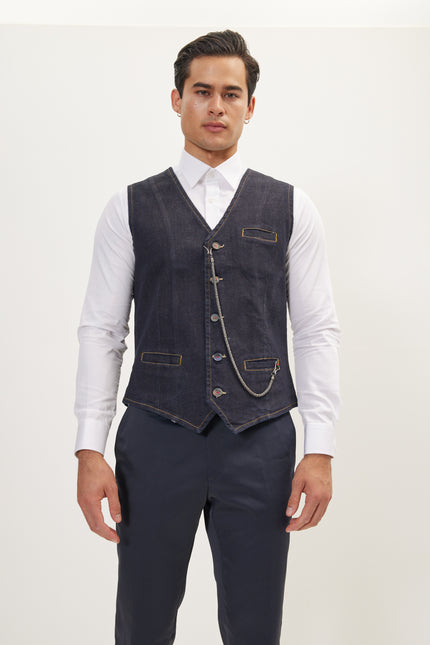 Men's Wool Pique Pocket-Watch Chain Waistcoat - Navy | Ron Tomson