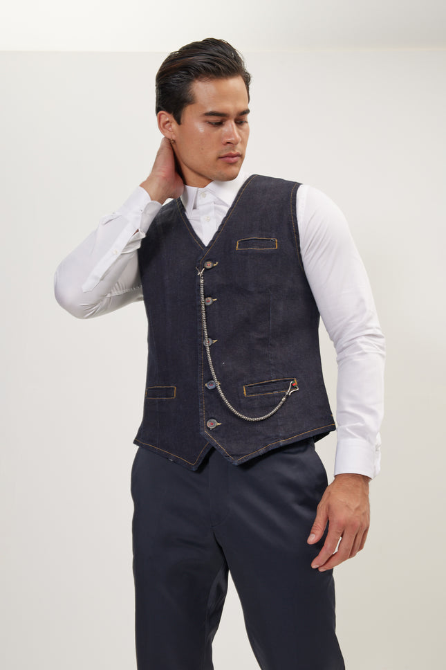 Men's Wool Pique Pocket-Watch Chain Waistcoat - Navy | Ron Tomson