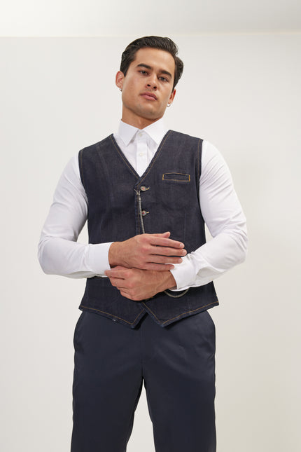 Men's Wool Pique Pocket-Watch Chain Waistcoat - Navy | Ron Tomson
