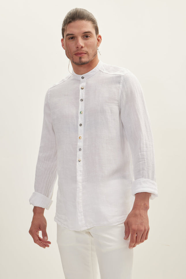 Men's Half Hidden Placket Linen Shirt - White | Ron Tomson