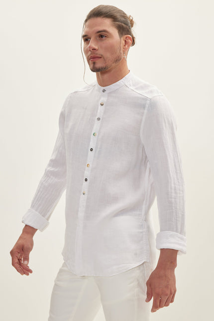 Men's Half Hidden Placket Linen Shirt - White | Ron Tomson