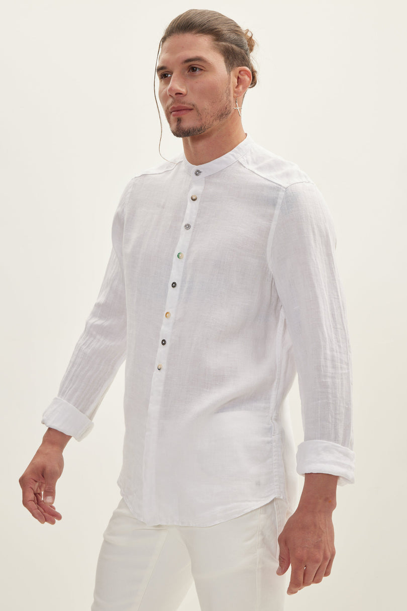 Men's Half Hidden Placket Linen Shirt - White | Ron Tomson