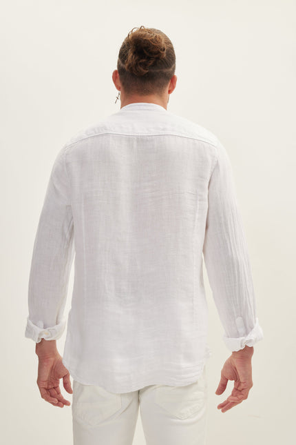 Men's Half Hidden Placket Linen Shirt - White | Ron Tomson