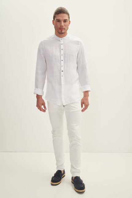 Men's Half Hidden Placket Linen Shirt - White | Ron Tomson