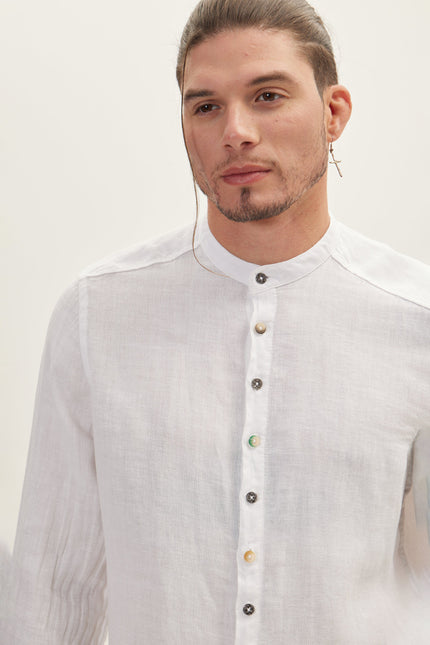 Men's Half Hidden Placket Linen Shirt - White | Ron Tomson