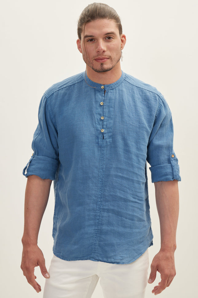 Men's Mandarin Collar Linen Shirt - Blue | Ron Tomson