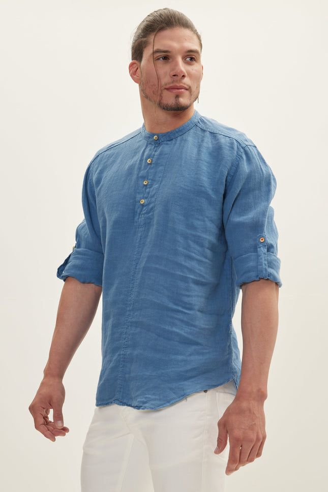Men's Mandarin Collar Linen Shirt - Blue | Ron Tomson