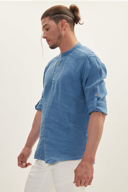 Men's Mandarin Collar Linen Shirt - Blue | Ron Tomson