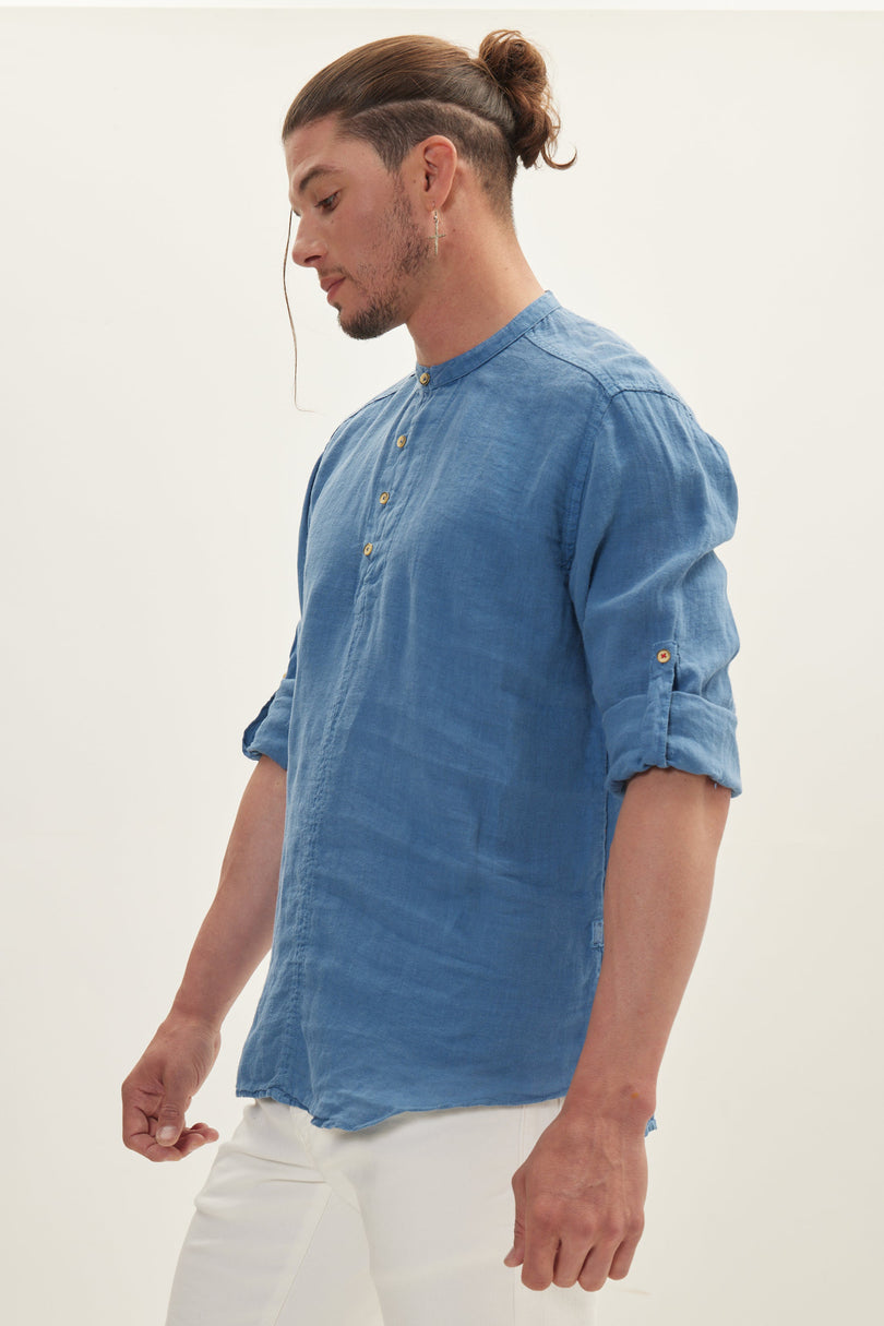 Men's Mandarin Collar Linen Shirt - Blue | Ron Tomson