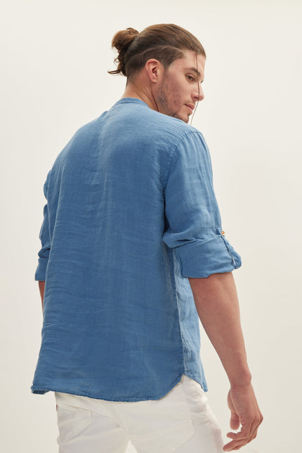 Men's Mandarin Collar Linen Shirt - Blue | Ron Tomson
