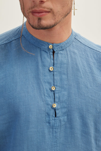 Men's Mandarin Collar Linen Shirt - Blue | Ron Tomson