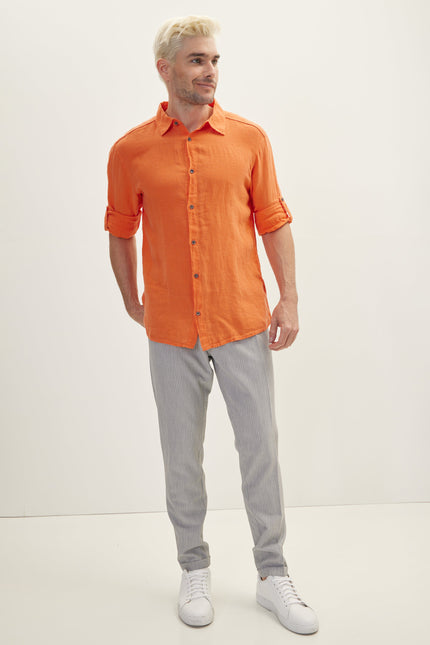 Men's Point-Collar Linen Shirt - Orange | Ron Tomson