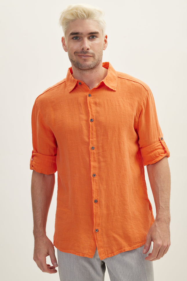 Men's Point-Collar Linen Shirt - Orange | Ron Tomson