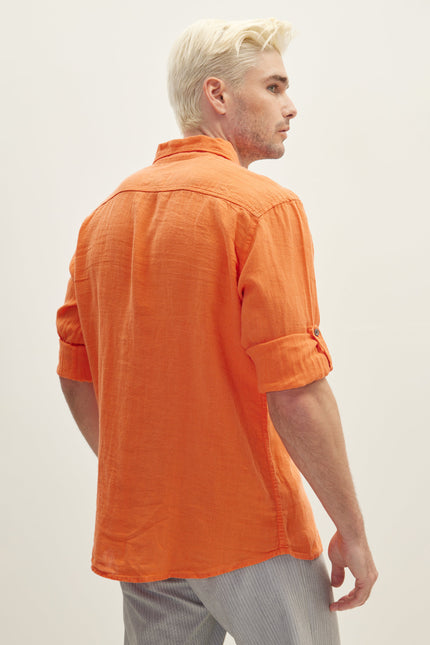 Men's Point-Collar Linen Shirt - Orange | Ron Tomson