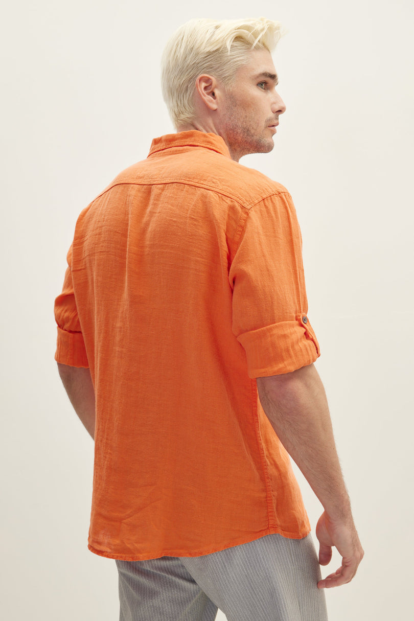 Men's Point-Collar Linen Shirt - Orange | Ron Tomson