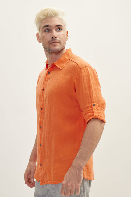 Men's Point-Collar Linen Shirt - Orange | Ron Tomson