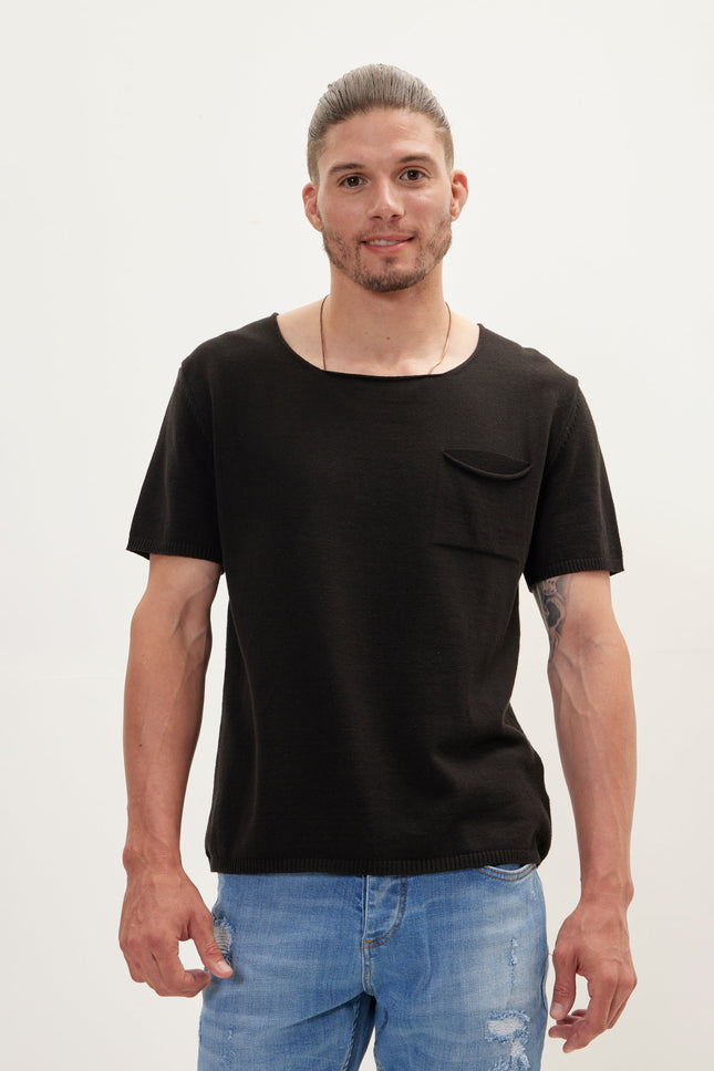 Men's Knitted Crew-Neck Tee - Black | Ron Tomson