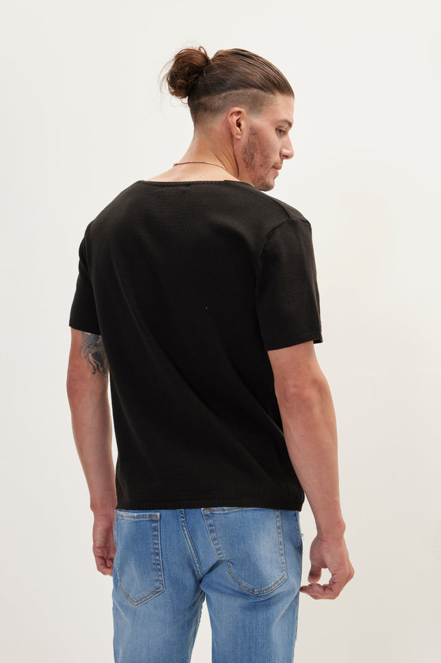 Men's Knitted Crew-Neck Tee - Black | Ron Tomson