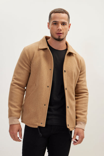 Men's Snap Closure Collared Walking Jacket - Camel | Ron Tomson