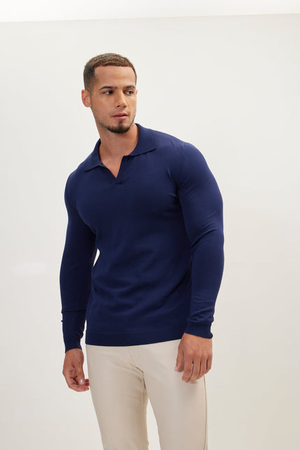 Men's Johnny Collar Knit Polo Sweater - Navy | Ron Tomson