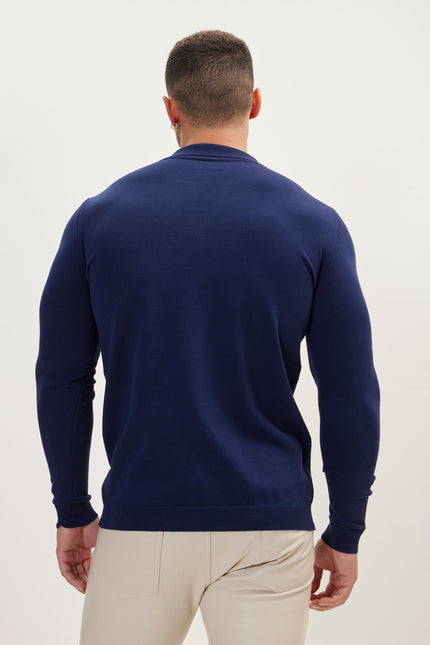Men's Johnny Collar Knit Polo Sweater - Navy | Ron Tomson
