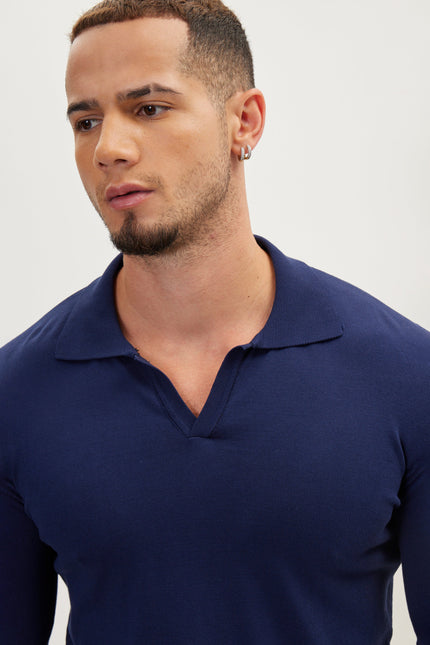 Men's Johnny Collar Knit Polo Sweater - Navy | Ron Tomson
