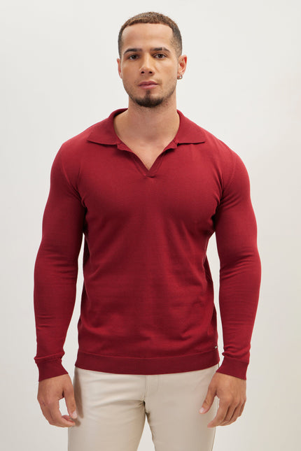 Men's Johnny Collar Knit Polo Sweater - Burgundy | Ron Tomson