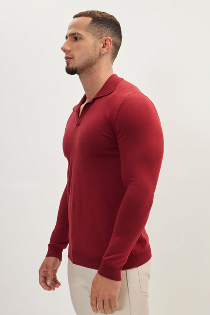 Men's Johnny Collar Knit Polo Sweater - Burgundy | Ron Tomson