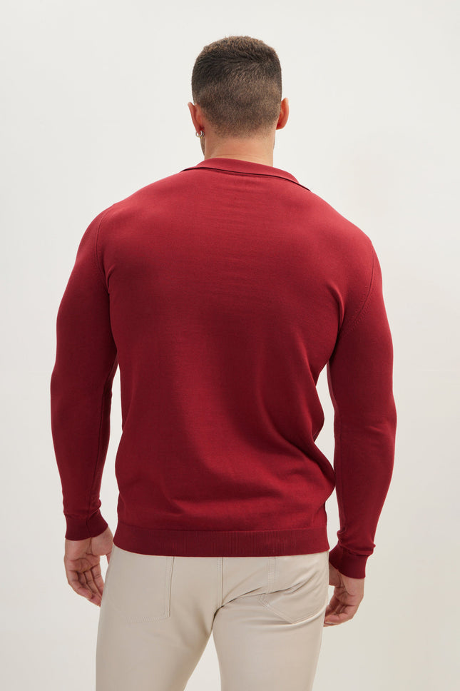 Men's Johnny Collar Knit Polo Sweater - Burgundy | Ron Tomson