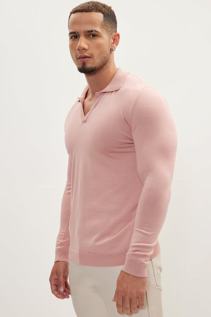 Men's Johnny Collar Knit Polo Sweater - Rose | Ron Tomson