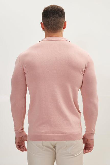 Men's Johnny Collar Knit Polo Sweater - Rose | Ron Tomson