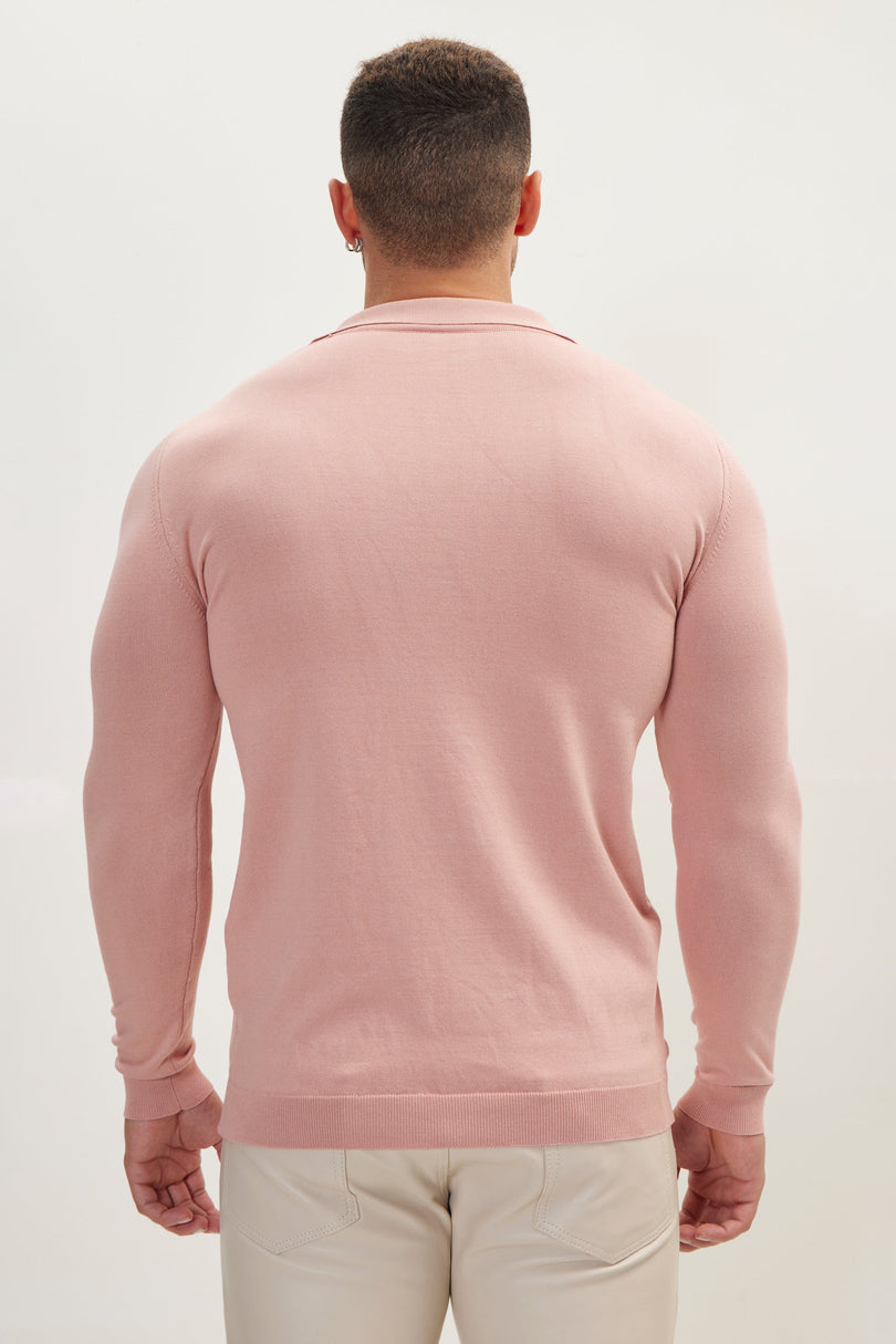 Men's Johnny Collar Knit Polo Sweater - Rose | Ron Tomson