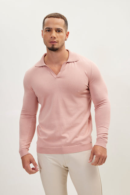 Men's Johnny Collar Knit Polo Sweater - Rose | Ron Tomson