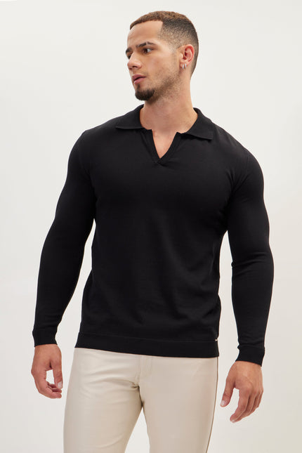 Men's Johnny Collar Knit Polo Sweater - Black | Ron Tomson