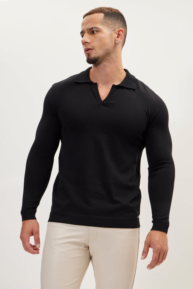 Men's Johnny Collar Knit Polo Sweater - Black | Ron Tomson