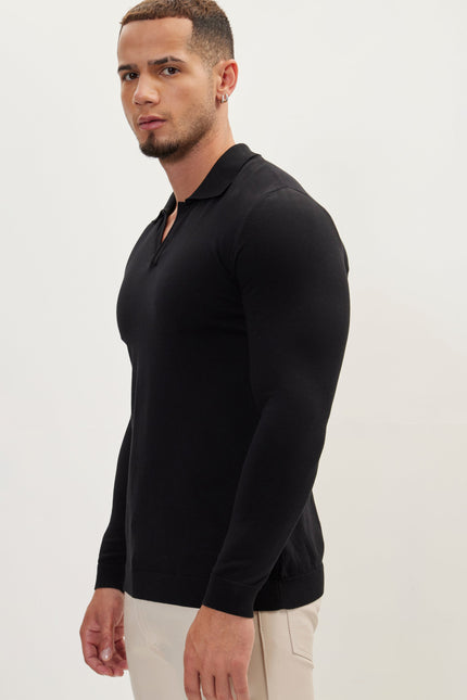 Men's Johnny Collar Knit Polo Sweater - Black | Ron Tomson