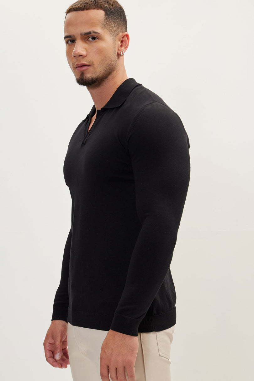Men's Johnny Collar Knit Polo Sweater - Black | Ron Tomson