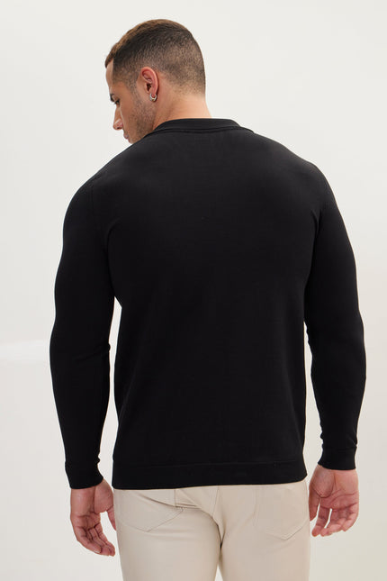 Men's Johnny Collar Knit Polo Sweater - Black | Ron Tomson
