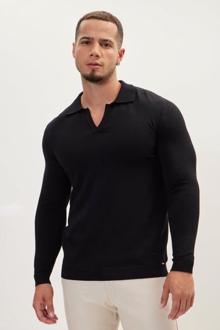 Men's Johnny Collar Knit Polo Sweater - Black | Ron Tomson