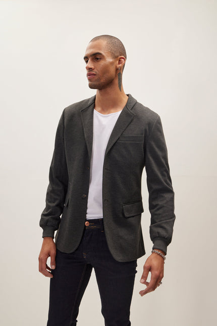 Men's Elastic Cuff And Neck Detail Fitted Blazer - Anthracite | Ron Tomson