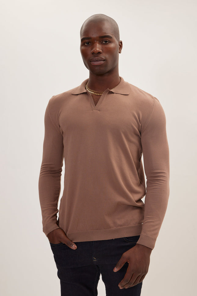 Men's Johnny Collar Knit Polo Sweater - Beige | Ron Tomson