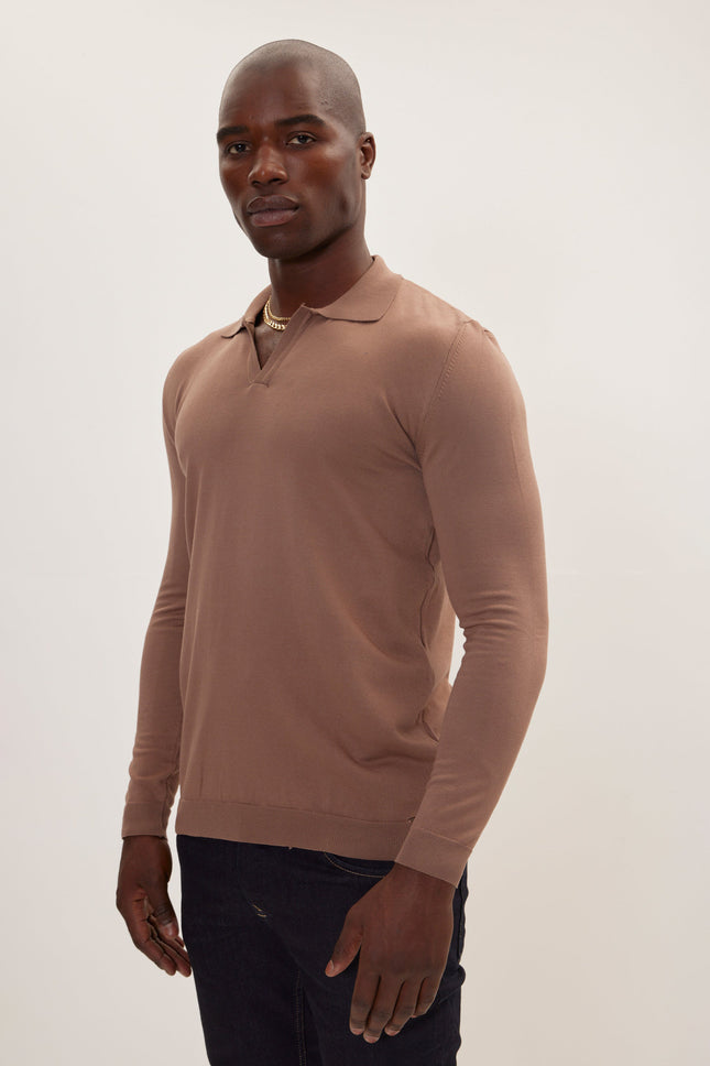 Men's Johnny Collar Knit Polo Sweater - Beige | Ron Tomson