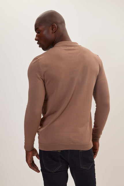 Men's Johnny Collar Knit Polo Sweater - Beige | Ron Tomson