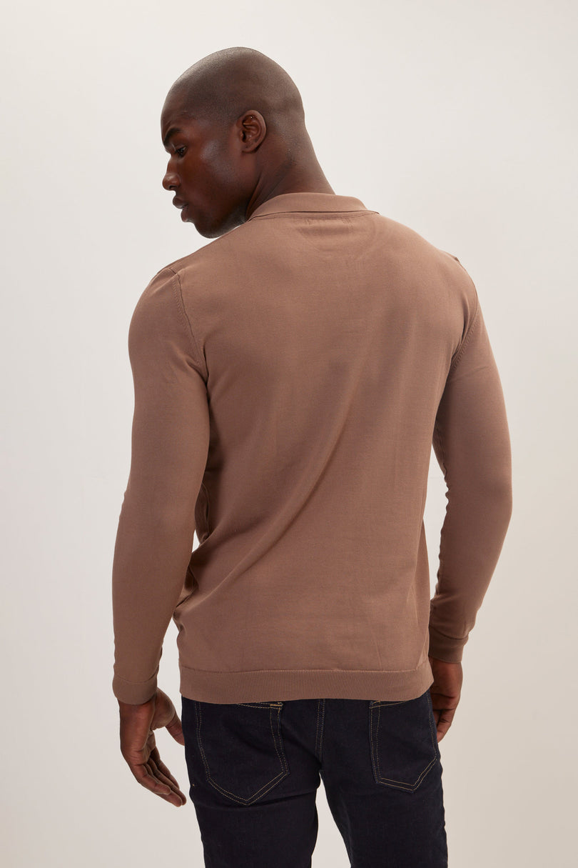 Men's Johnny Collar Knit Polo Sweater - Beige | Ron Tomson
