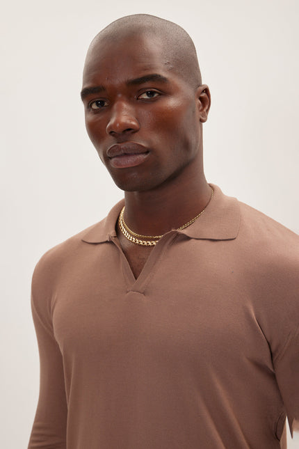 Men's Johnny Collar Knit Polo Sweater - Beige | Ron Tomson