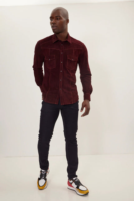 Men's Lambskin Suede Shirt - Burgundy | Ron Tomson