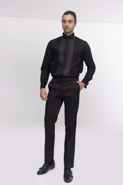 Pique Bib Wing Collar Tuxedo Shirt - Black