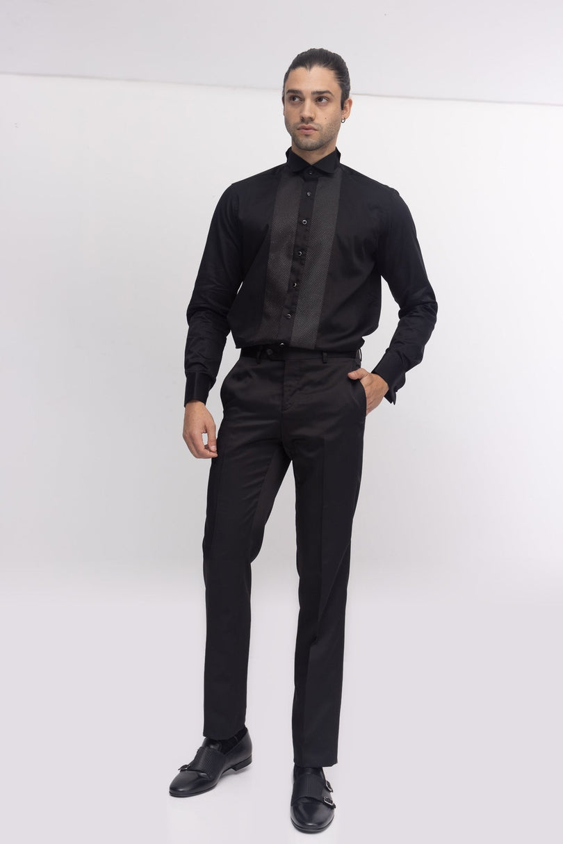 Pique Bib Wing Collar Tuxedo Shirt - Black